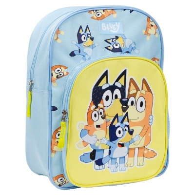 Mochila infantil Bluey azul e amarela com personagens.