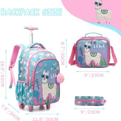 Mochila com carrinho e lancheira com estampado de lhama colorida, medidas indicadas.