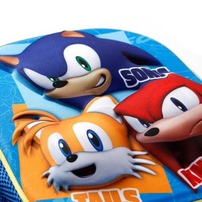 Mochila com personagens Sonic, Tails e Knuckles em azul, laranja e vermelho