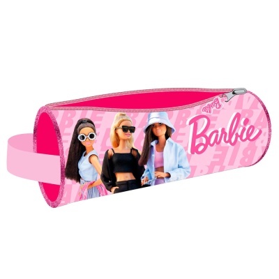 Estojo cilíndrico rosa com bonecas Barbie e logótipo