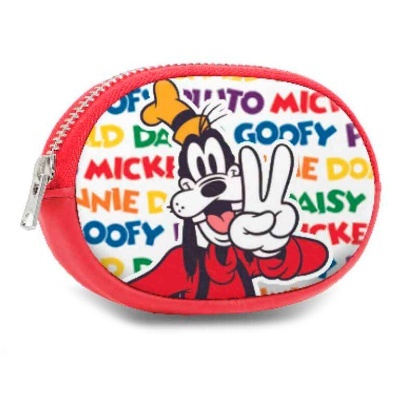 Necessaire vermelha com imagem do personagem Goofy e texto colorido