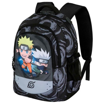 Mochila preta com estampa de personagens de anime e símbolo de folha