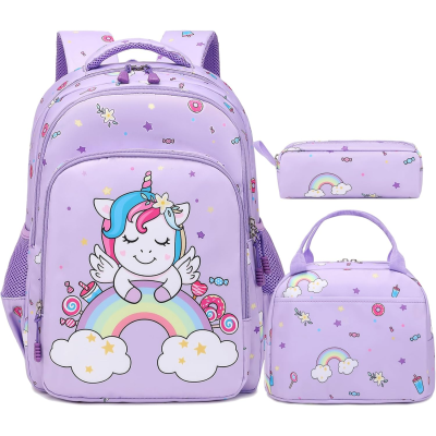 Conjunto lilás de mochila, estojo e lancheira com desenhos de unicórnios e arco-íris