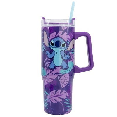 Copo plástico roxo com personagem Stitch e padrão de folhas lilases e azuis