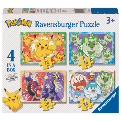 Caixa de quebra-cabeças Pokémon Ravensburger com 4 puzzles coloridos para crianças a partir dos 3 anos.