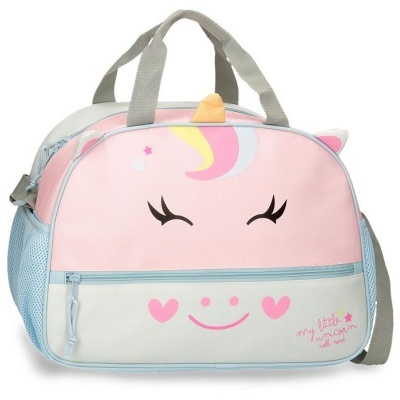 Mala infantil com padrão de unicórnio rosa e azul com alças e chifre