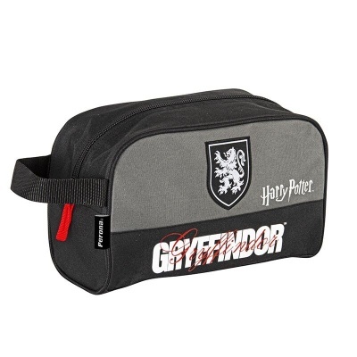 Necessaire Harry Potter cinzenta e preta com brasão de leão e texto Gryffindor