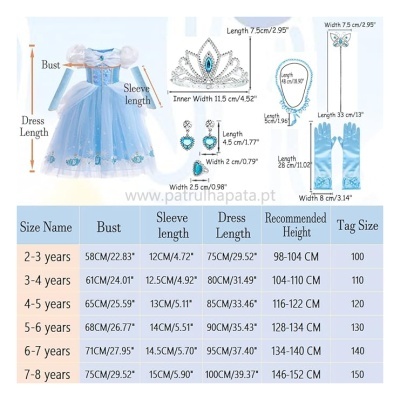 Conjunto de vestido de princesa azul com acessórios e tabela de tamanhos em fundo branco