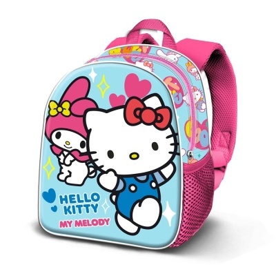 Mochila infantil com personagens Hello Kitty e My Melody em fundo azul claro e rosa