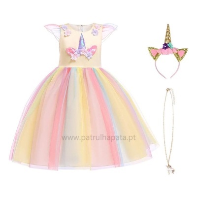 Vestido de tule colorido para criança com tema de unicórnio, tiara e colar