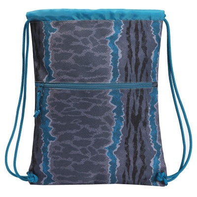 Mochila de cordão azul e cinza com bolso frontal e alças de corda