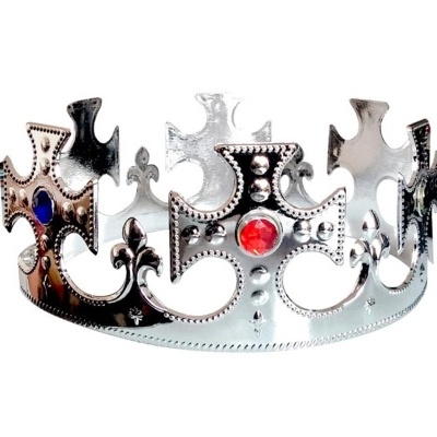 Coroa metálica prateada com pedras vermelha e azul