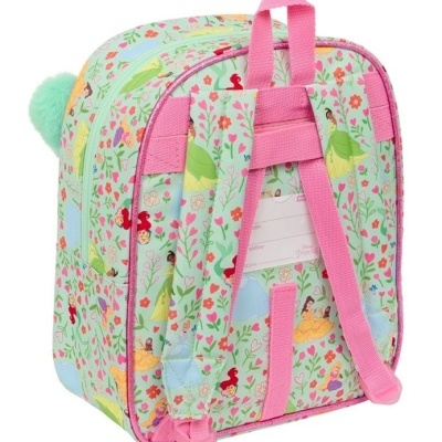 Mochila infantil colorida com padrão de princesas e flores e alças rosas