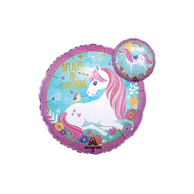 Balão redondo com imagem de unicórnio e texto 'BELIEVE IN UNICORNS'