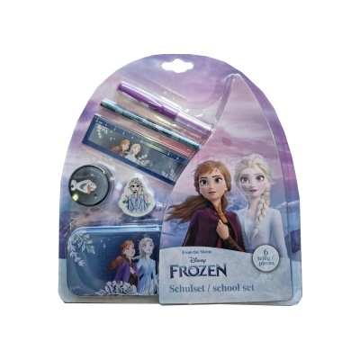 Conjunto escolar Frozen com personagens Elsa e Anna em fundo roxo
