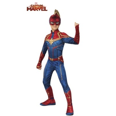 Fato infantil Capitão Marvel azul, vermelho e dourado com máscara e logo