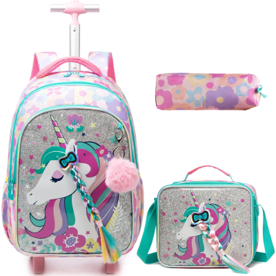 Conjunto de mochila, necessaire e lancheira com unicórnio e padrão floral colorido.