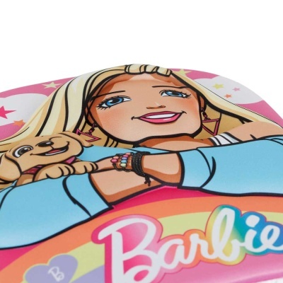Mala infantil rosa com estampa da personagem Barbie e cão