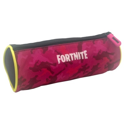 Estojo cylindrical vermelho com padrão camuflado, texto FORTNITE e fecho rosa