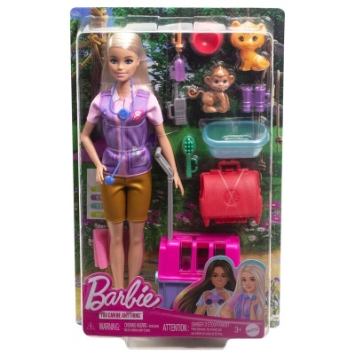 Boneca Barbie com acessórios de veterinária dentro de embalagem