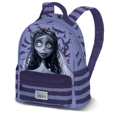 Mochila roxa com estampa da personagem Corpse Bride e padrão listrado