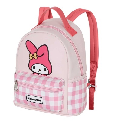 Mochila infantil rosa com padrão xadrez e personagem My Melody