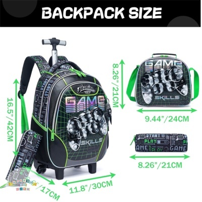 Conjunto mochila com rodas, lancheira e estojo com padrão de comandos de vídeo-game preto, verde e cinza