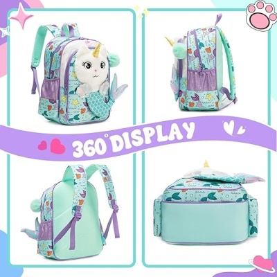 Mochila infantil colorida com unicórnio e padrão de estrelas e corações