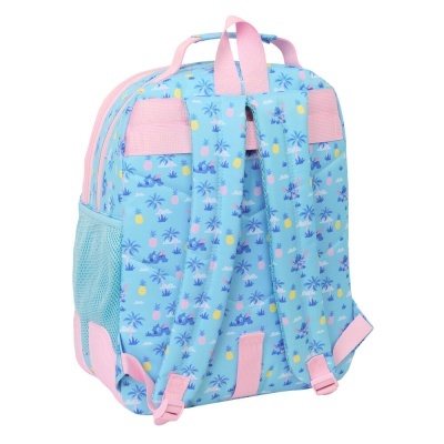 Mochila azul com padrão de ananases, coqueiros e Stitch, alças e detalhes rosa