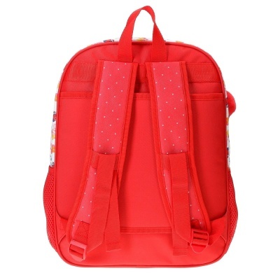 Mochila vermelha vista por trás com alças almofadadas e pontos brancos