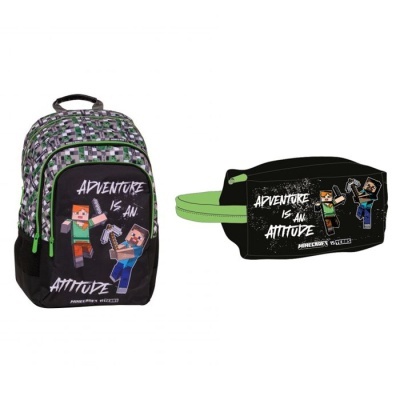 Mochila e estojo Minecraft com padrão de pixels verde e cinza e personagens do jogo