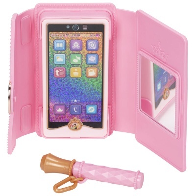 Brinquedo smartphone rosa com capa e espelho, acompanhado por acessório cor-de-rosa.