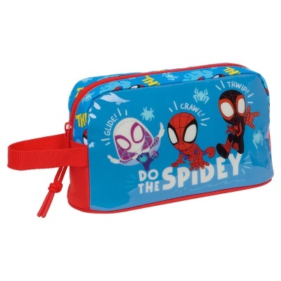 Necessaire azul com personagens Spiderman e texto em fundo branco