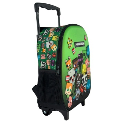 Mala de rodas infantil verde com personagens Minecraft pixelizados