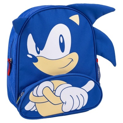 mochila azul com desenho do Sonic e zíperes vermelhos