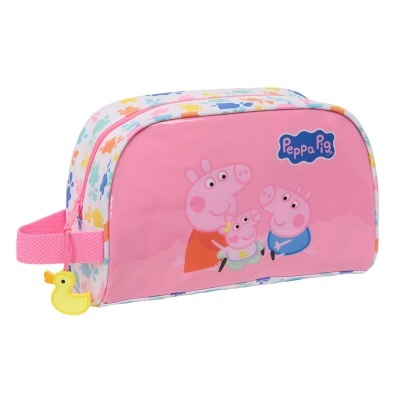 Necessaire rosa com estampa Peppa Pig e padrão colorido de pegadas