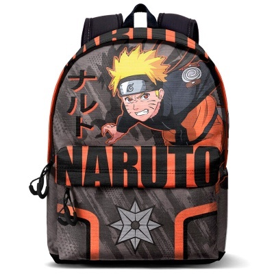Mochila com imagem do personagem Naruto e texto NARUTO em preto e laranja