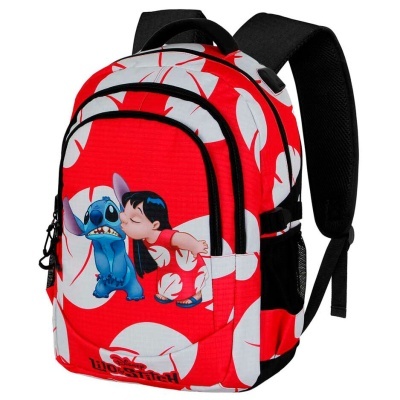 Mochila vermelha com estampa de Lilo beijando Stitch e padrão branco
