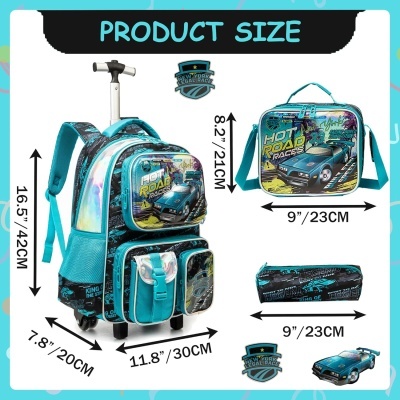 Conjunto mochila com rodinhas, lancheira e estojo azul com carros e texto HOT ROAD RACES