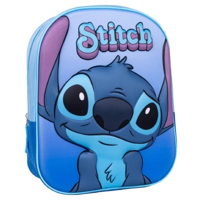 Mochila infantil azul com personagem Stitch e texto colorido