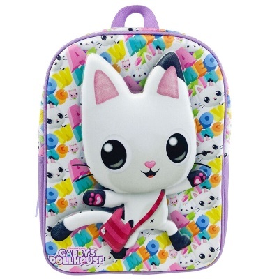 Mochila infantil colorida com personagem de gato branco em relevo
