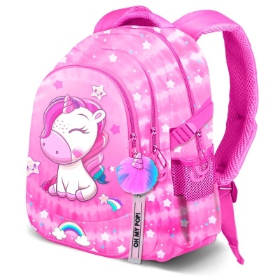 Mochila infantil rosa com unicórnio, estrelas e alças acolchoadas