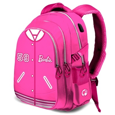 Mochila rosa estilo casaco varsity com número 59 e texto Barbie