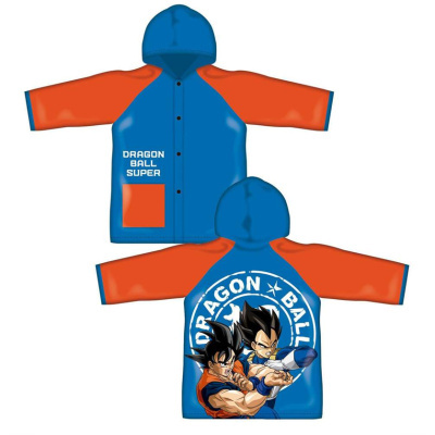 Casaco com capuz azul e mangas laranja com texto Dragon Ball Super e personagem de anime nas costas