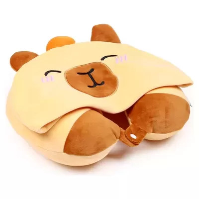 Almofada de pescoço de pelúcia amarela com rosto de urso bordado