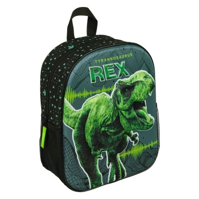 Mochila preta com estampa verde de dinossauro Tyrannosaurus Rex