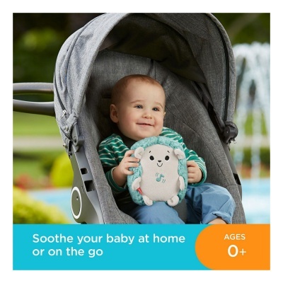 Bebé num carrinho cinzento a segurar brinquedo em forma de animal azul e branco