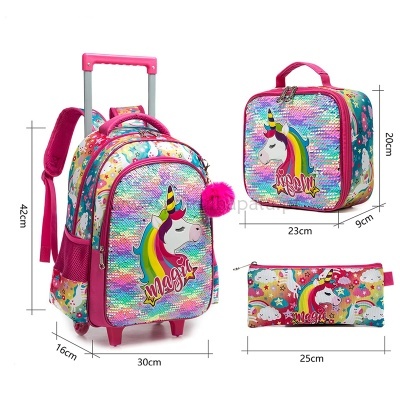 Conjunto escolar unicórnio com mochila de rodinhas, lancheira e estojo coloridos com lantejoulas