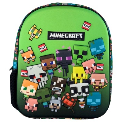Mochila verde com personagens Minecraft pixelados e logotipo