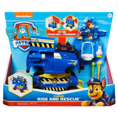 Brinquedo Chase Rise and Rescue azul com figuras e acessórios em embalagem azul da Paw Patrol